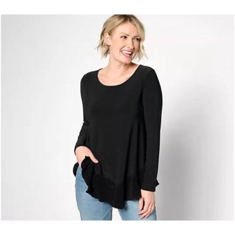 Attitudes By Renee Como Jersey Mix Media Asymmetric Top Womens Size S‎ Black